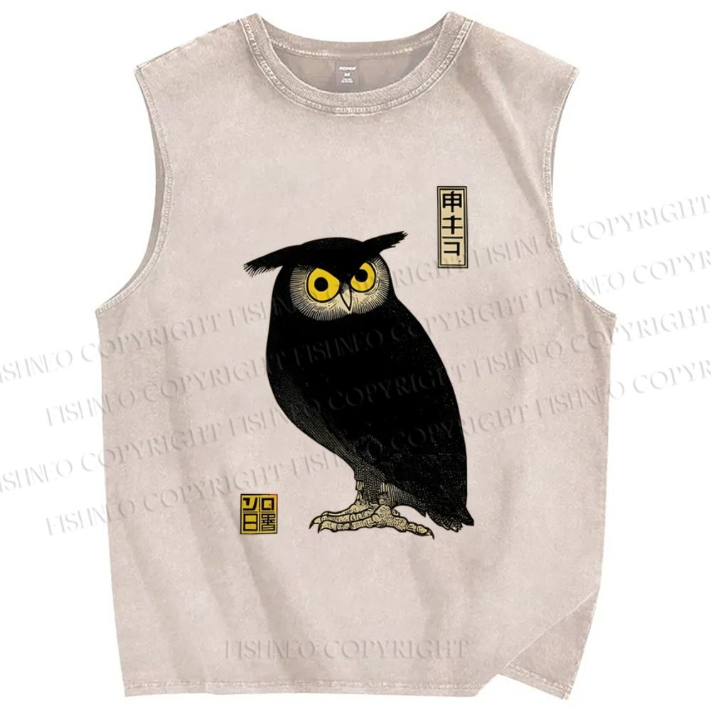 Unisex Ukiyo-e Night Owl Printed Washed Tank Top