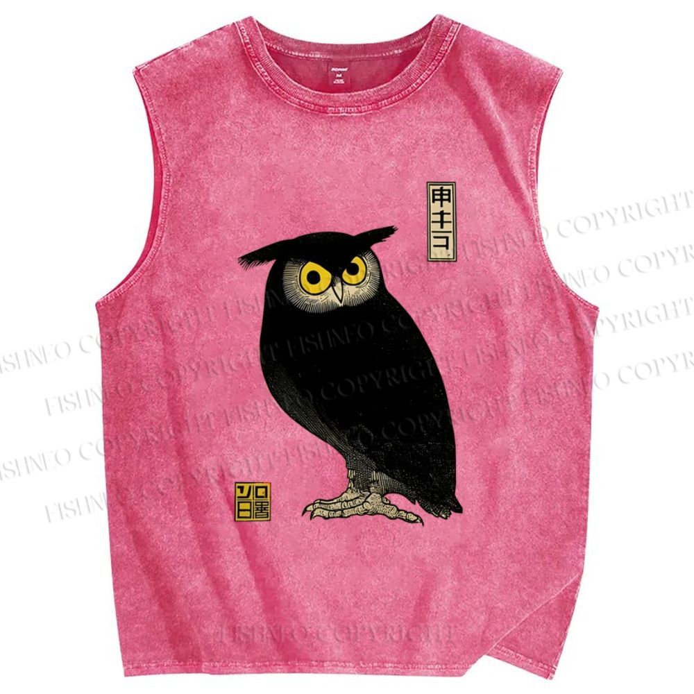Unisex Ukiyo-e Night Owl Printed Washed Tank Top