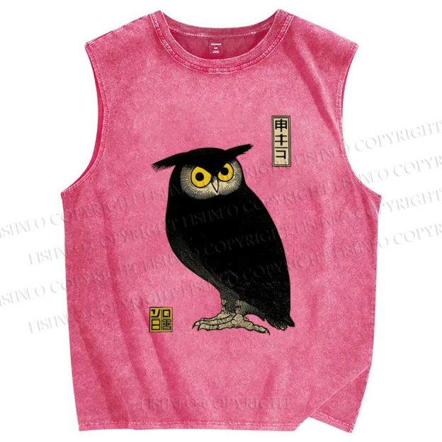Unisex Ukiyo-e Night Owl Printed Washed Tank Top