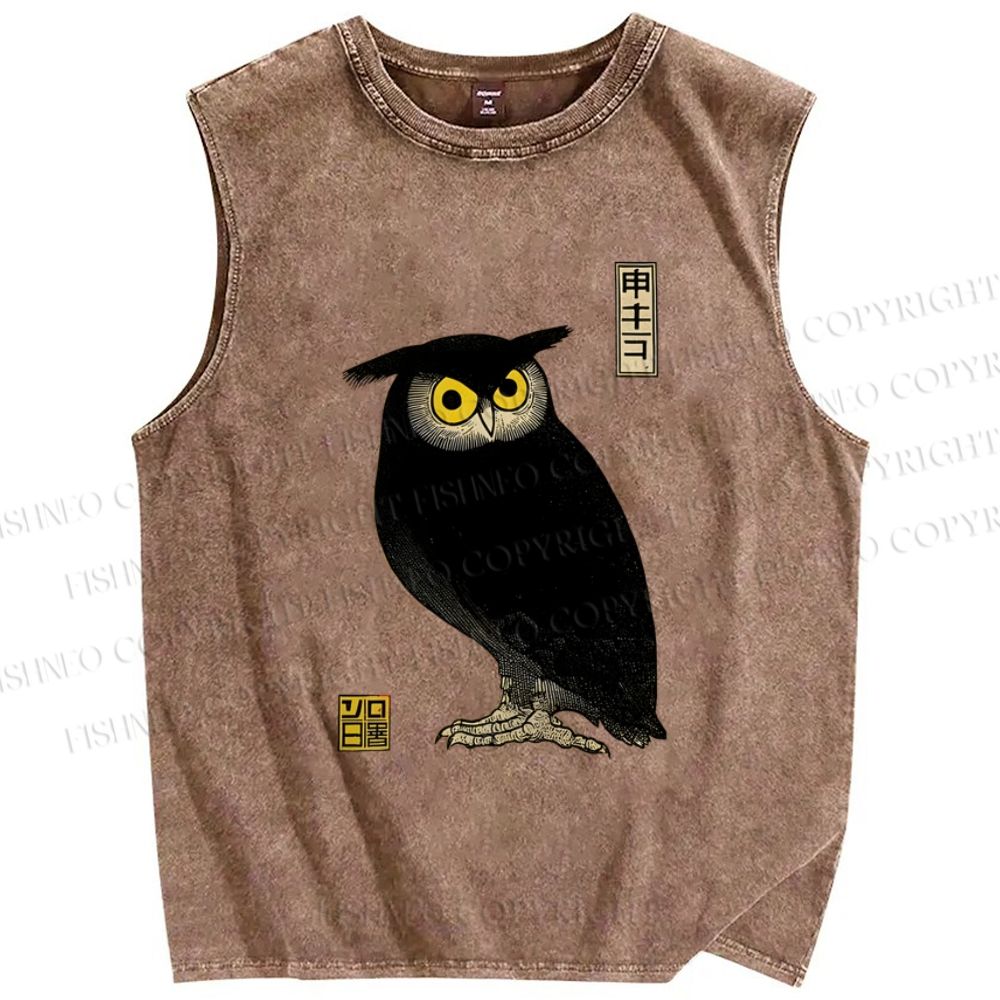Unisex Ukiyo-e Night Owl Printed Washed Tank Top