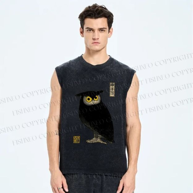 Unisex Ukiyo-e Night Owl Printed Washed Tank Top