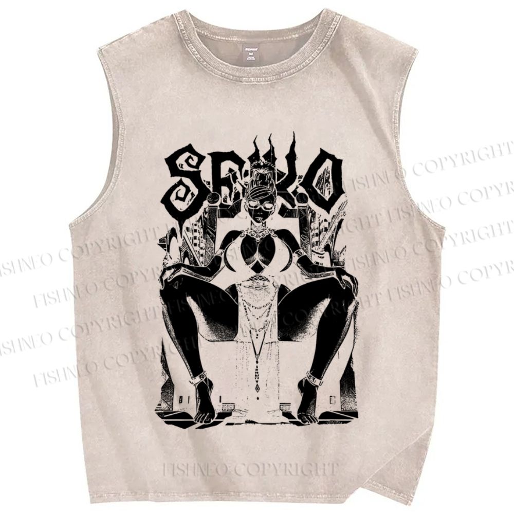 Unisex Vintage Anime Woman Printed Washed Tank Top