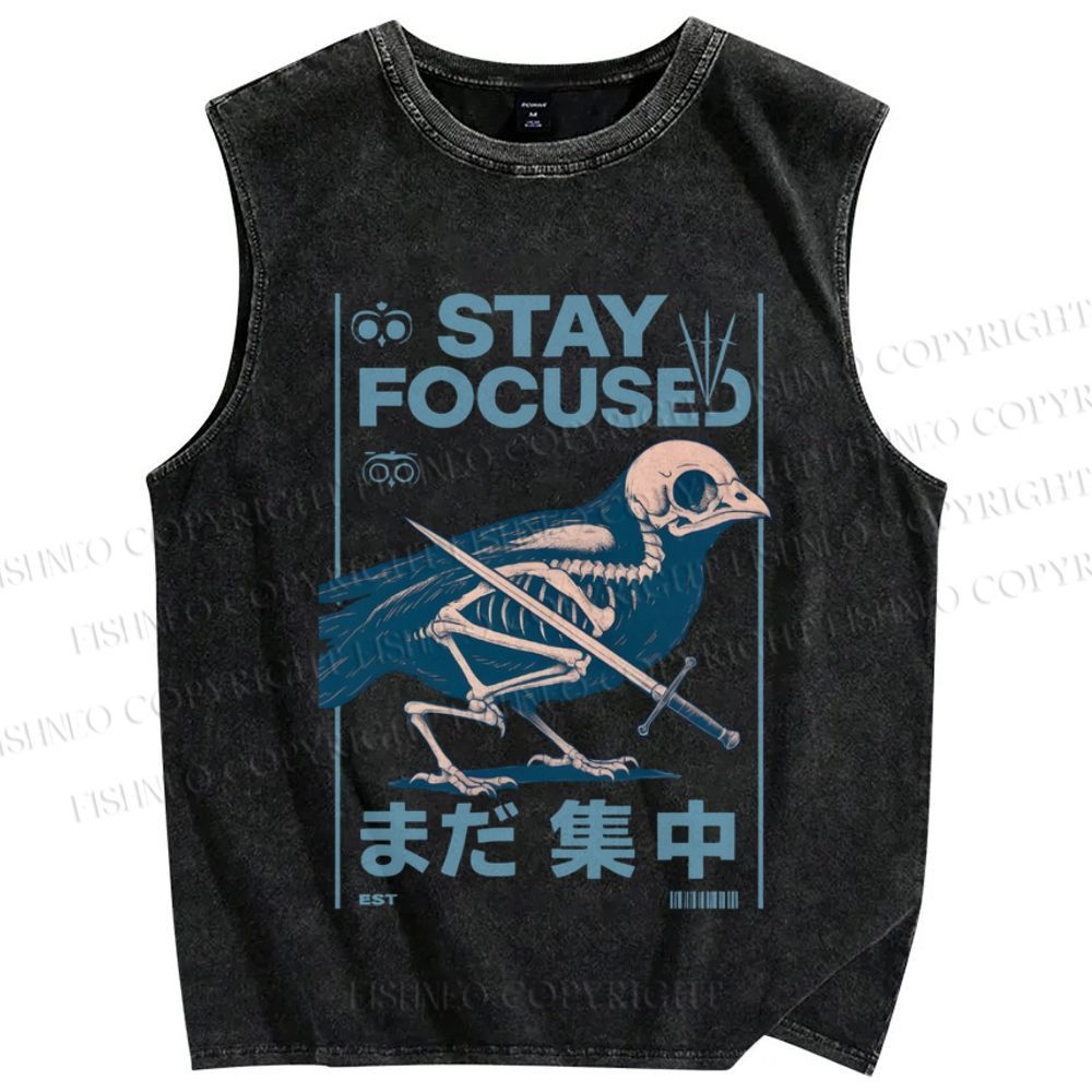 Unisex Bird Skull Japanese Printed Washed Tank Top