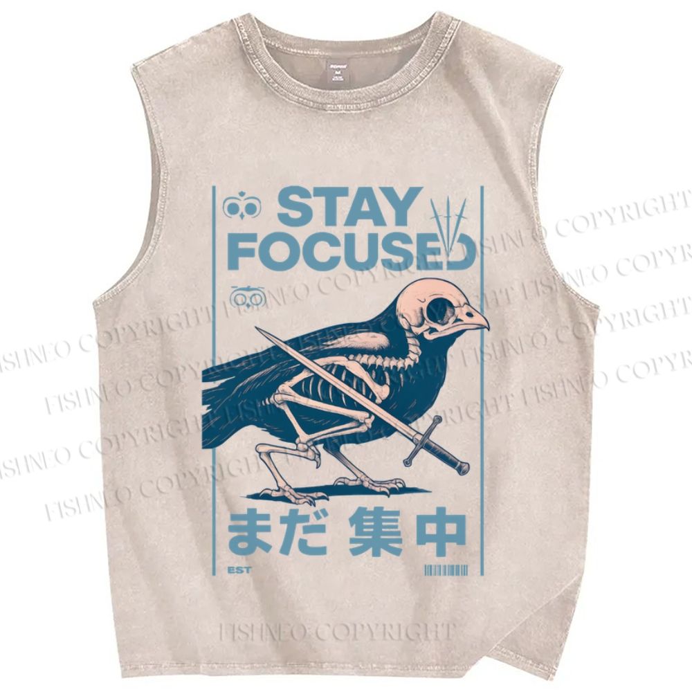 Unisex Bird Skull Japanese Printed Washed Tank Top