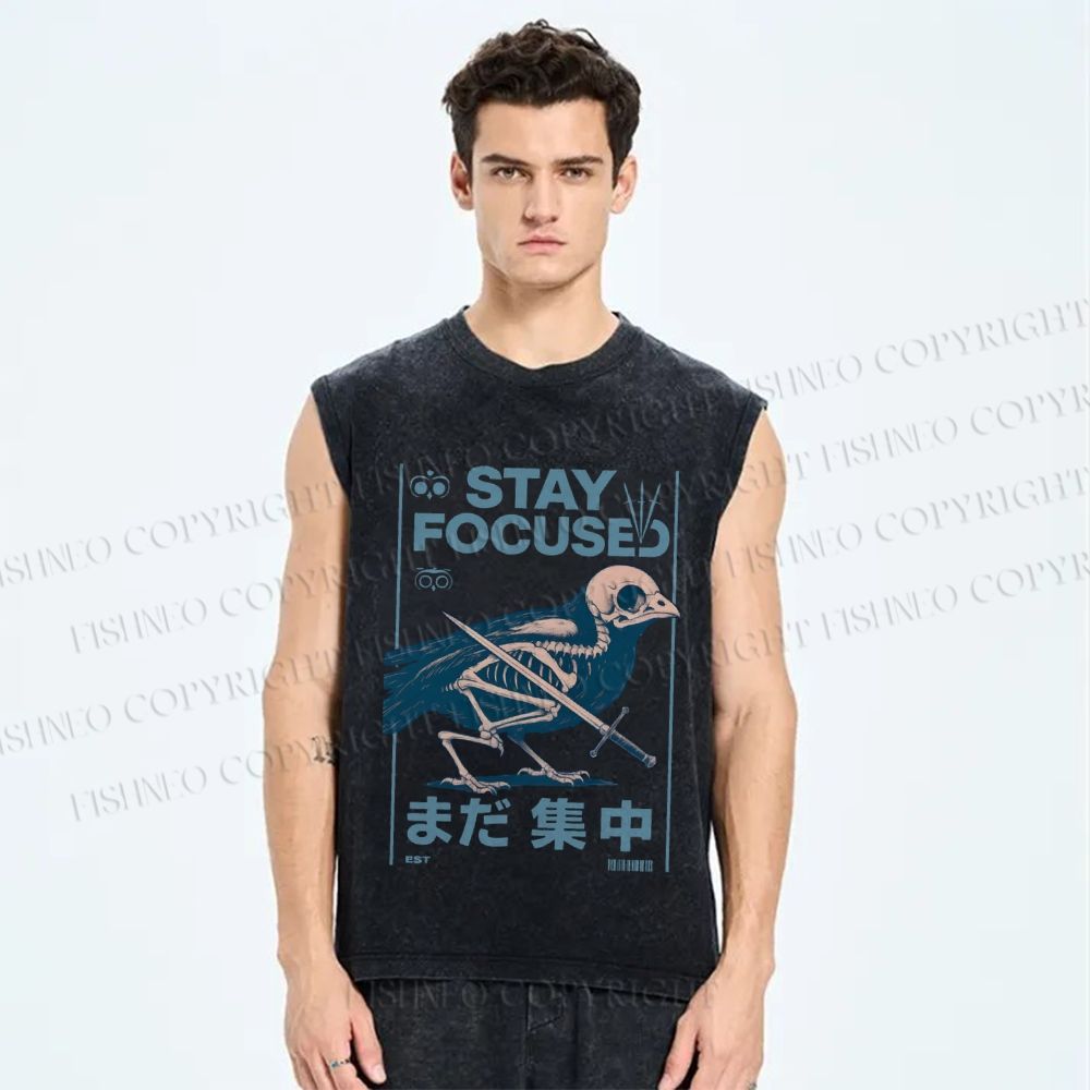 Unisex Bird Skull Japanese Printed Washed Tank Top