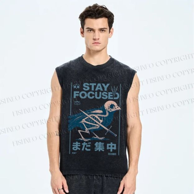 Unisex Bird Skull Japanese Printed Washed Tank Top