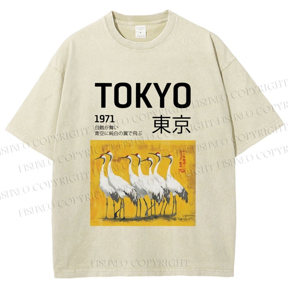 Unisex Tokyo 1971 Cranes Printed Washed Tee