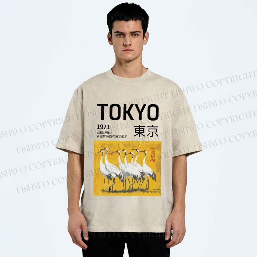 Unisex Tokyo 1971 Cranes Printed Washed Tee