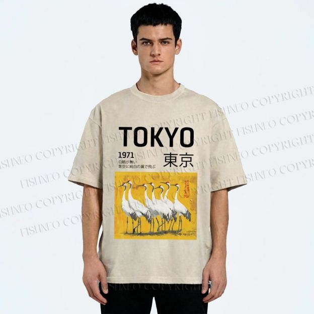 Unisex Tokyo 1971 Cranes Printed Washed Tee
