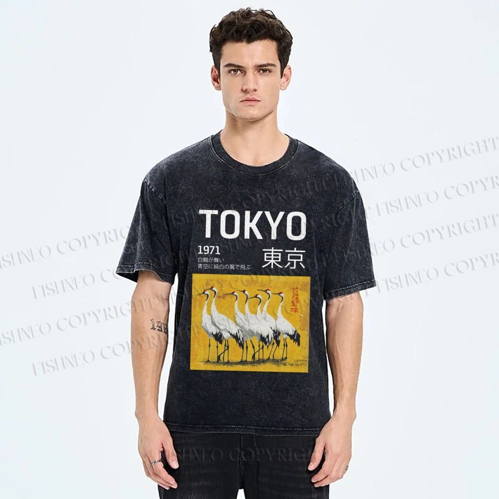 Unisex Tokyo 1971 Cranes Printed Washed Tee