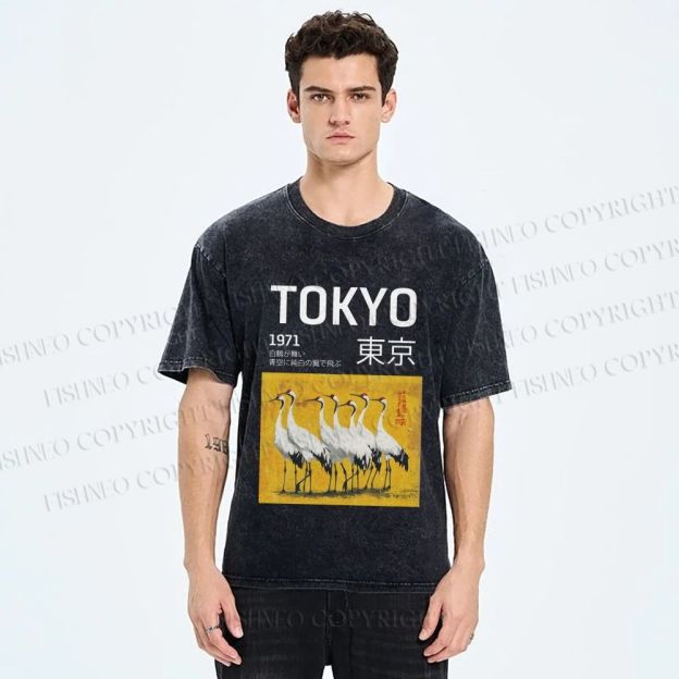 Unisex Tokyo 1971 Cranes Printed Washed Tee