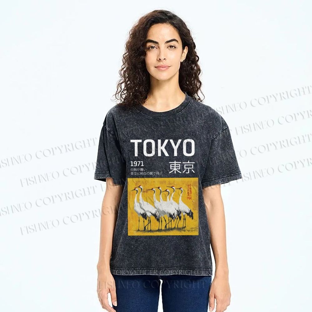 Unisex Tokyo 1971 Cranes Printed Washed Tee