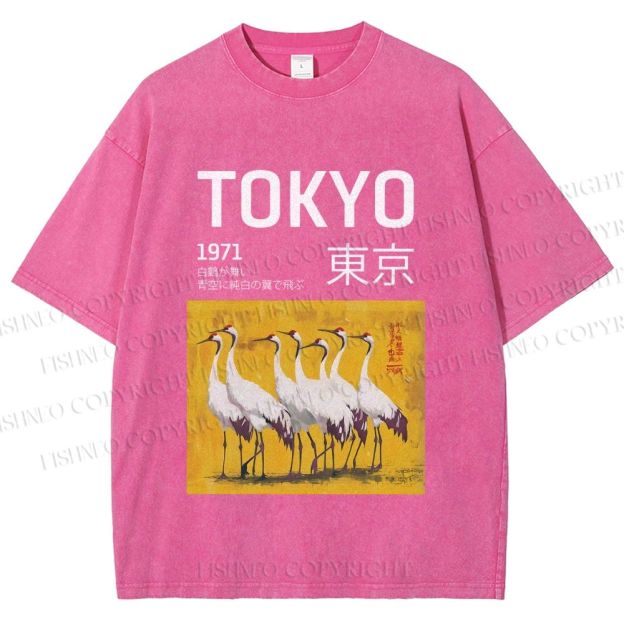 Unisex Tokyo 1971 Cranes Printed Washed Tee