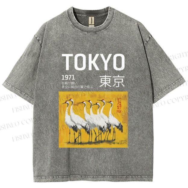 Unisex Tokyo 1971 Cranes Printed Washed Tee