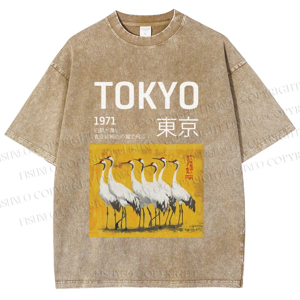Unisex Tokyo 1971 Cranes Printed Washed Tee