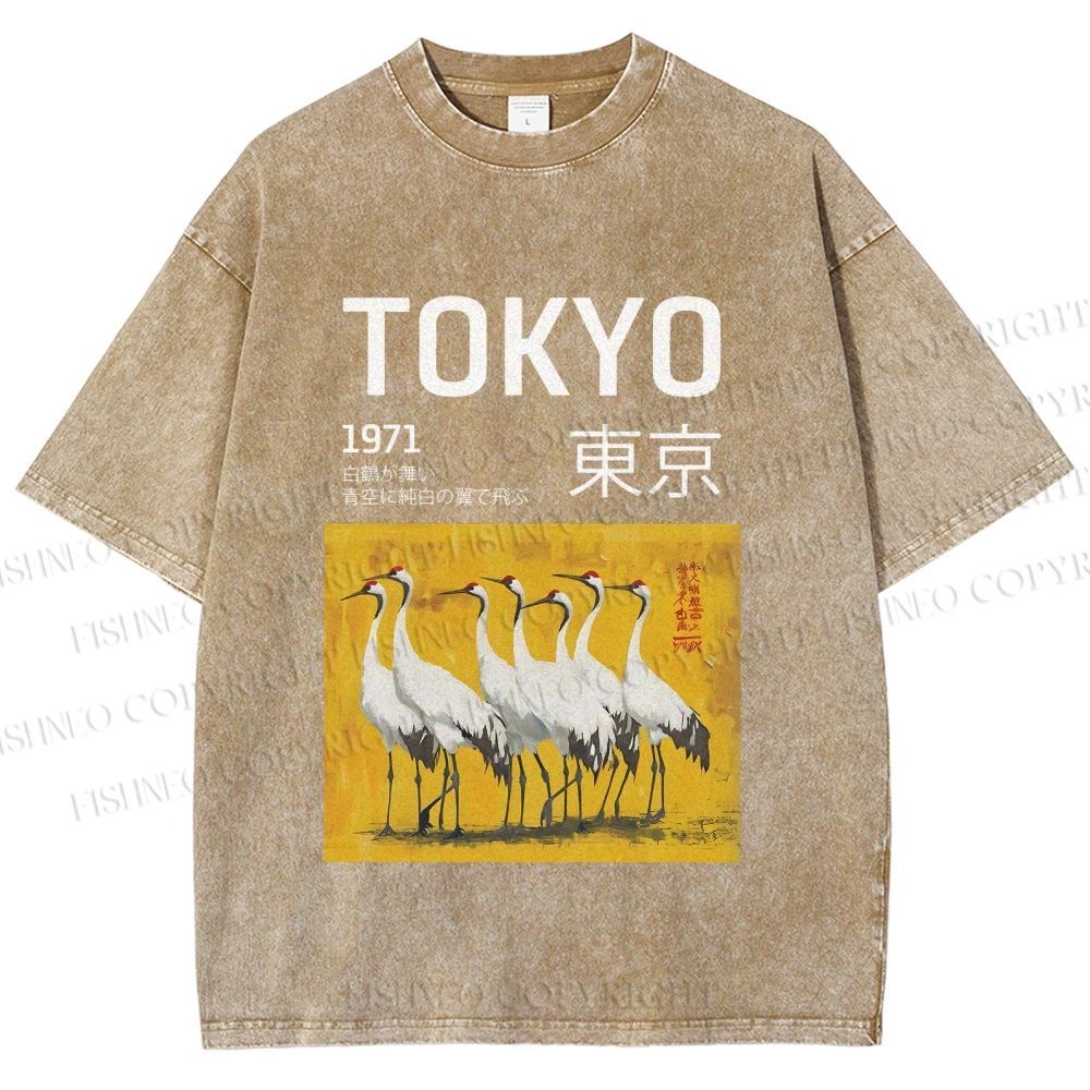 Unisex Tokyo 1971 Cranes Printed Washed Tee