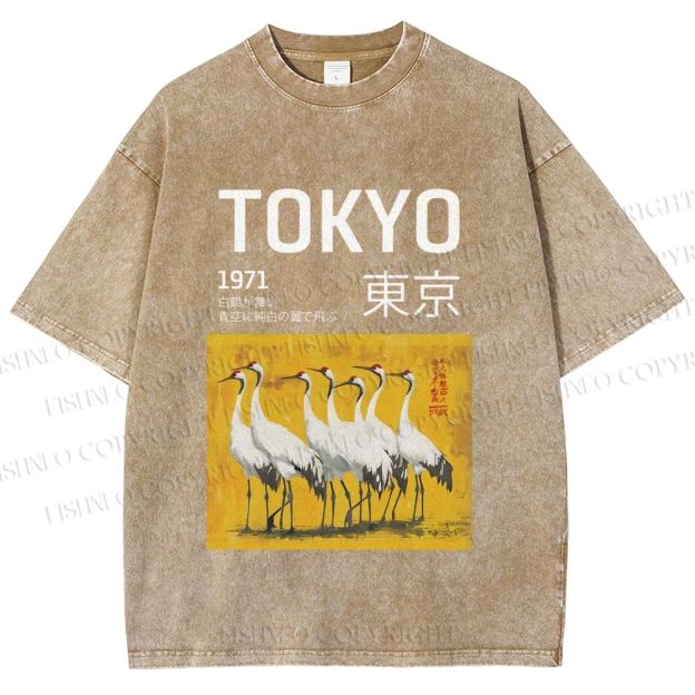 Unisex Tokyo 1971 Cranes Printed Washed Tee