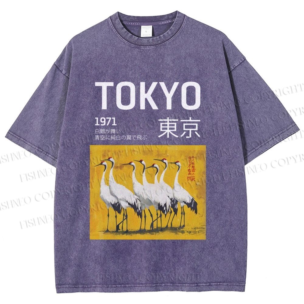Unisex Tokyo 1971 Cranes Printed Washed Tee