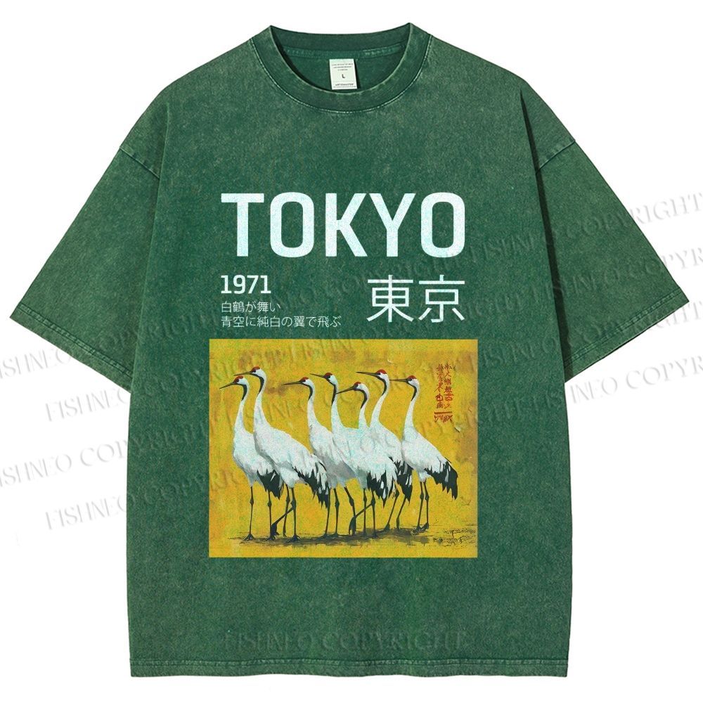 Unisex Tokyo 1971 Cranes Printed Washed Tee