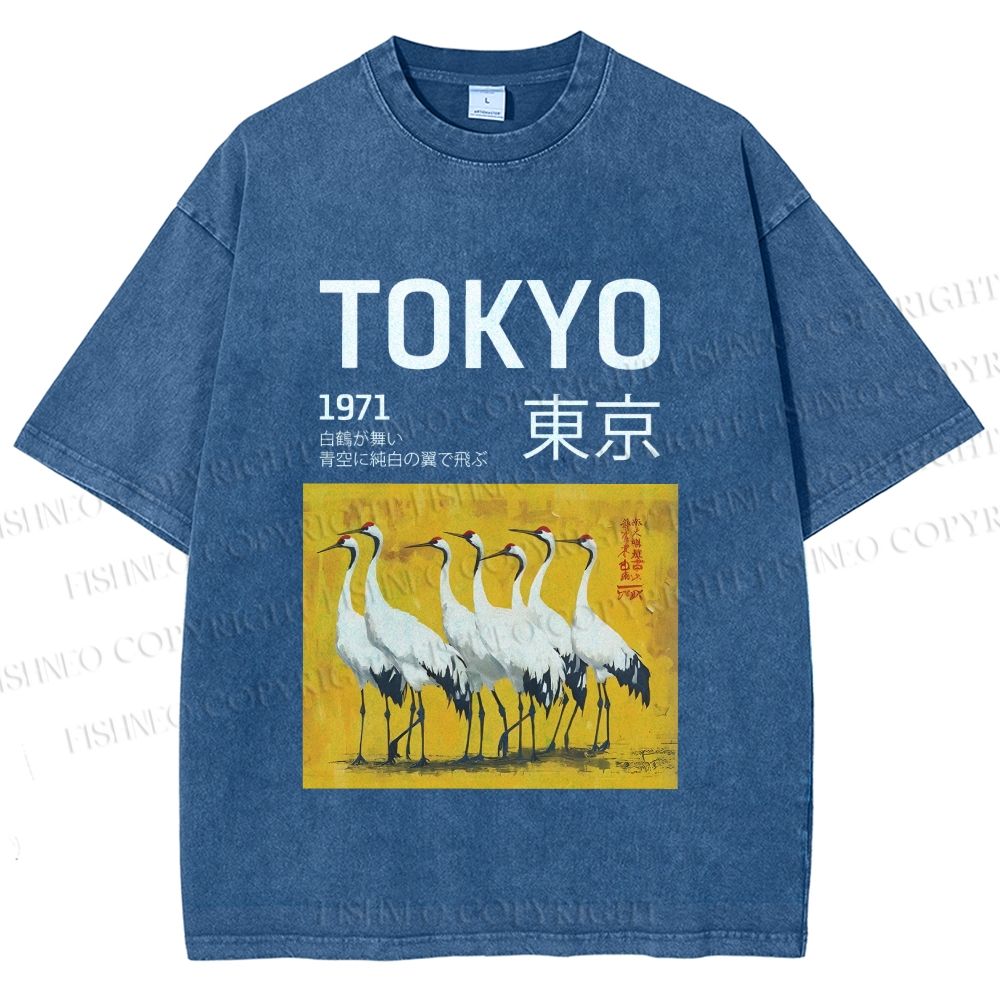 Unisex Tokyo 1971 Cranes Printed Washed Tee