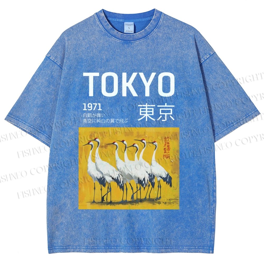 Unisex Tokyo 1971 Cranes Printed Washed Tee