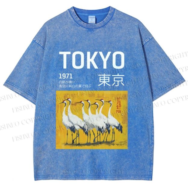 Unisex Tokyo 1971 Cranes Printed Washed Tee