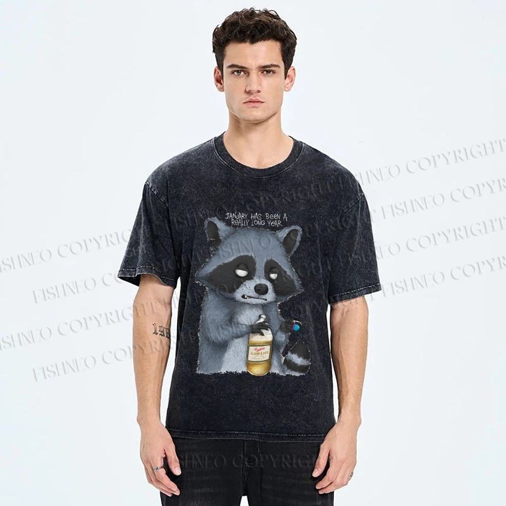 Unisex Exhausted Raccoon Printed Washed Tee