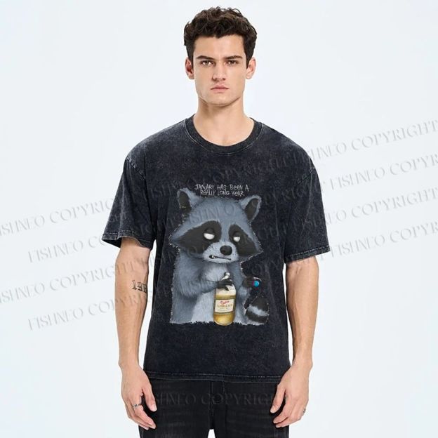 Unisex Exhausted Raccoon Printed Washed Tee