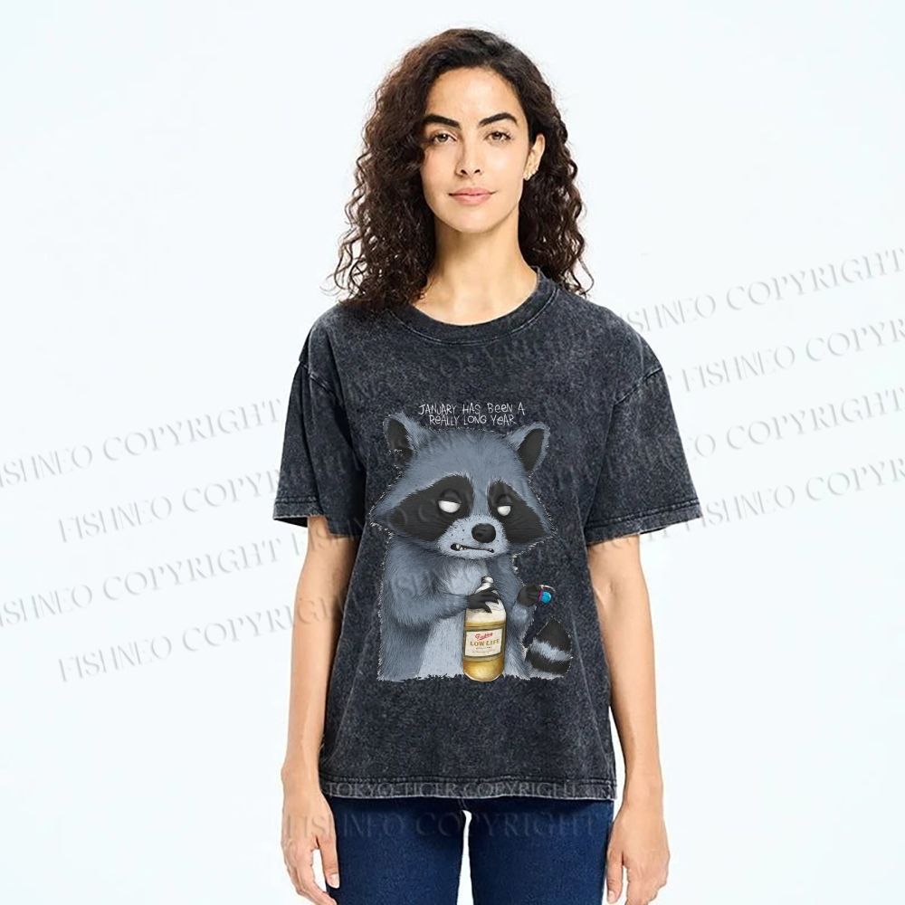 Unisex Exhausted Raccoon Printed Washed Tee