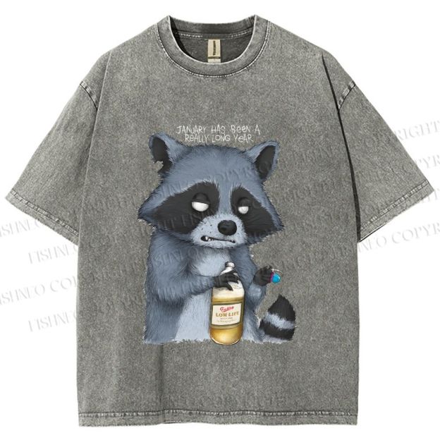 Unisex Exhausted Raccoon Printed Washed Tee