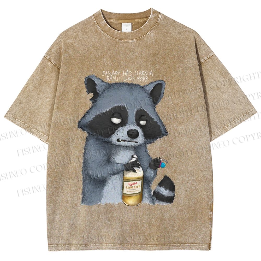 Unisex Exhausted Raccoon Printed Washed Tee