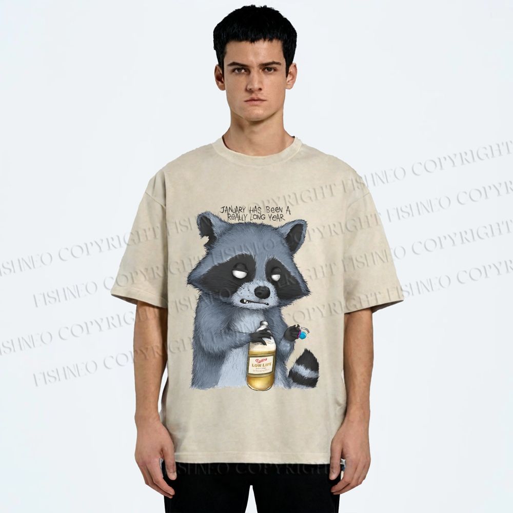 Unisex Exhausted Raccoon Printed Washed Tee