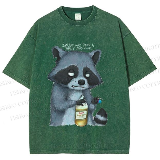 Unisex Exhausted Raccoon Printed Washed Tee