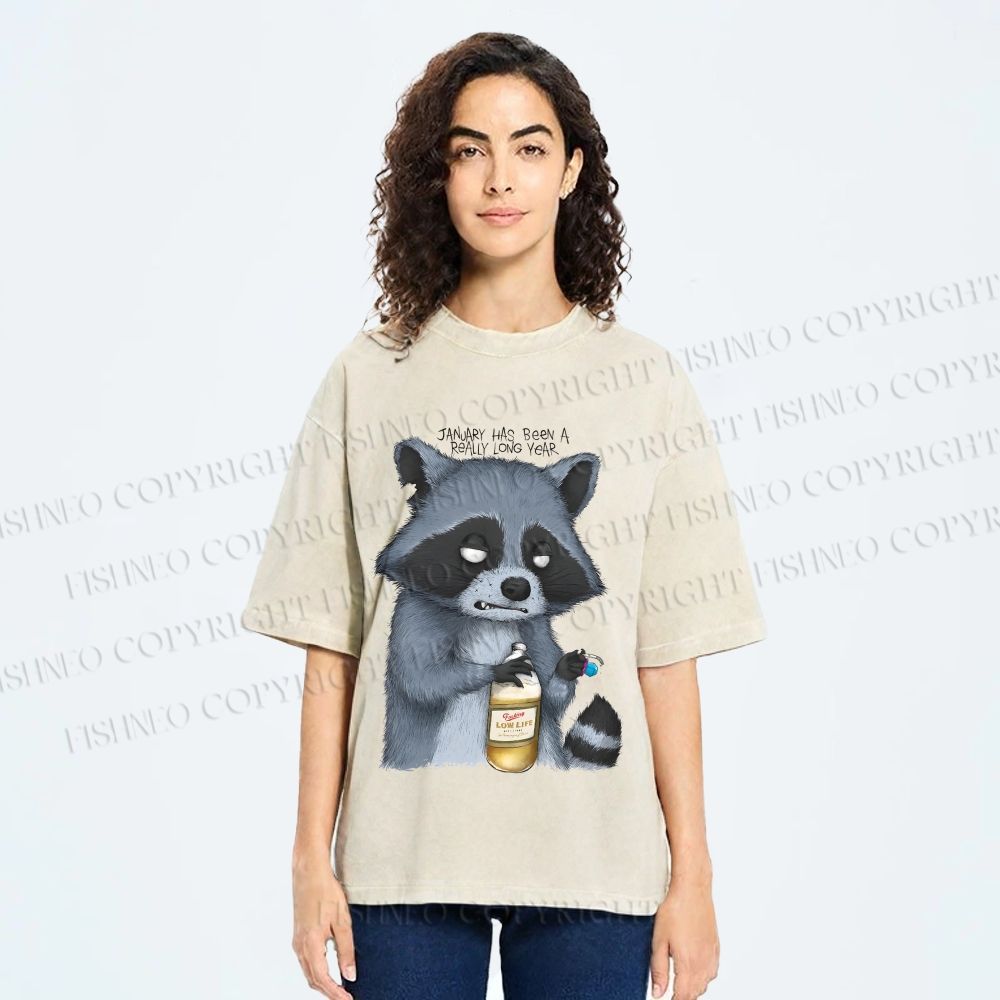 Unisex Exhausted Raccoon Printed Washed Tee