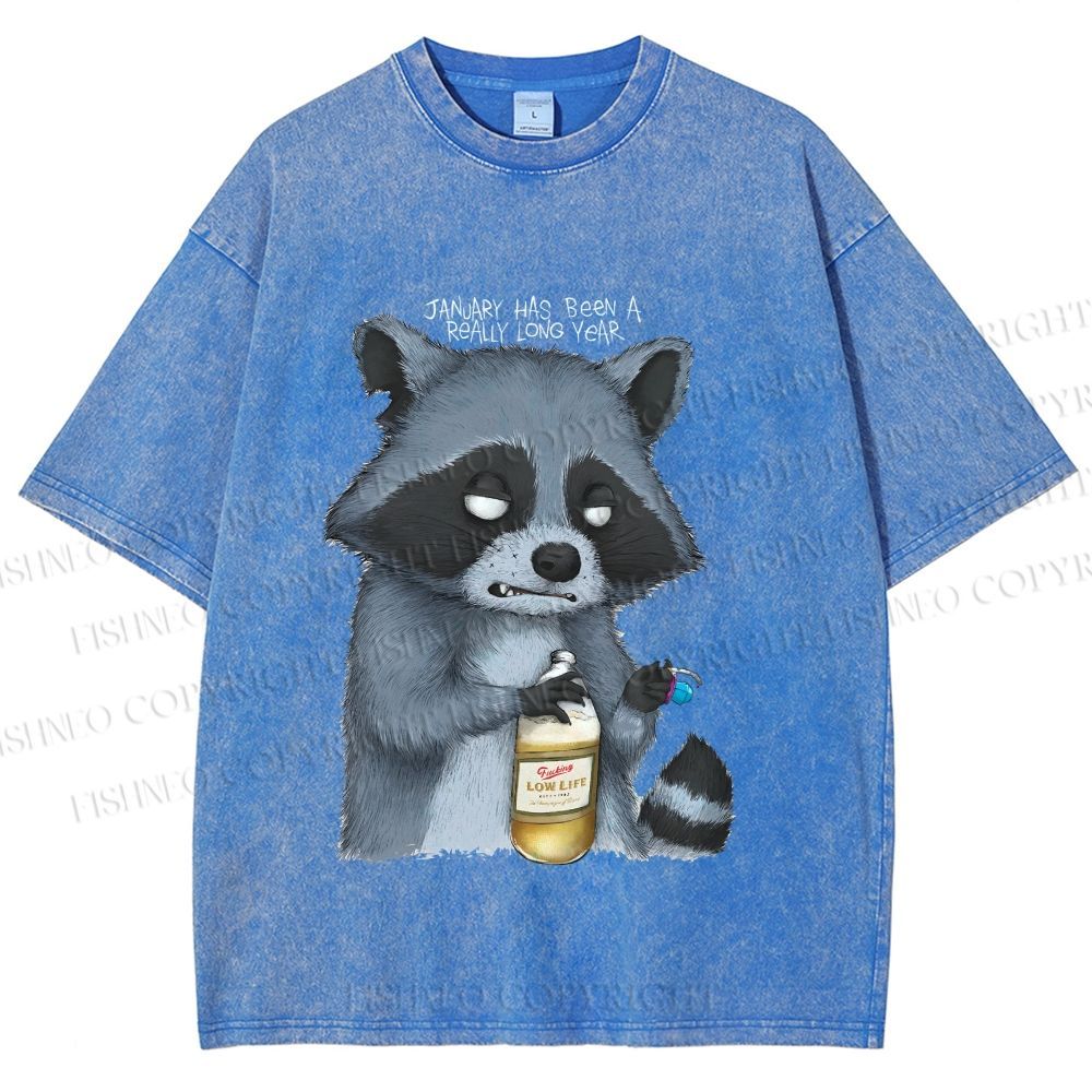 Unisex Exhausted Raccoon Printed Washed Tee