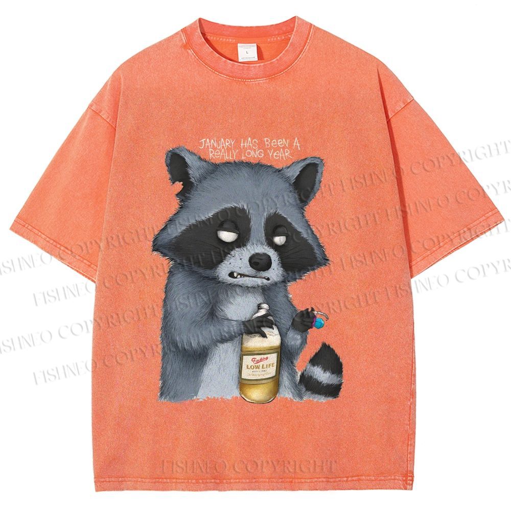 Unisex Exhausted Raccoon Printed Washed Tee