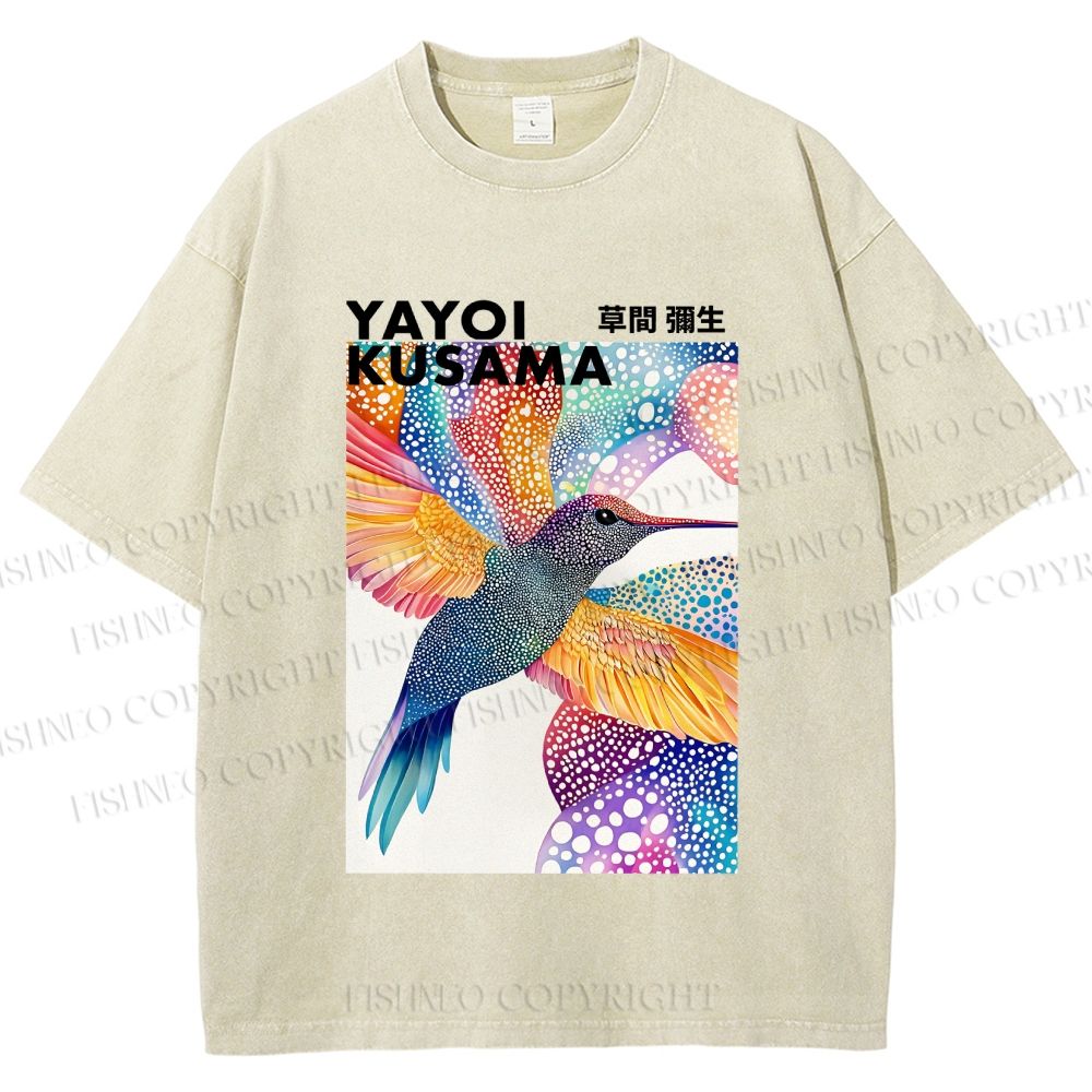 Unisex Yayoi Kusama Colorful Polka Dot Bird Printed Washed Tee