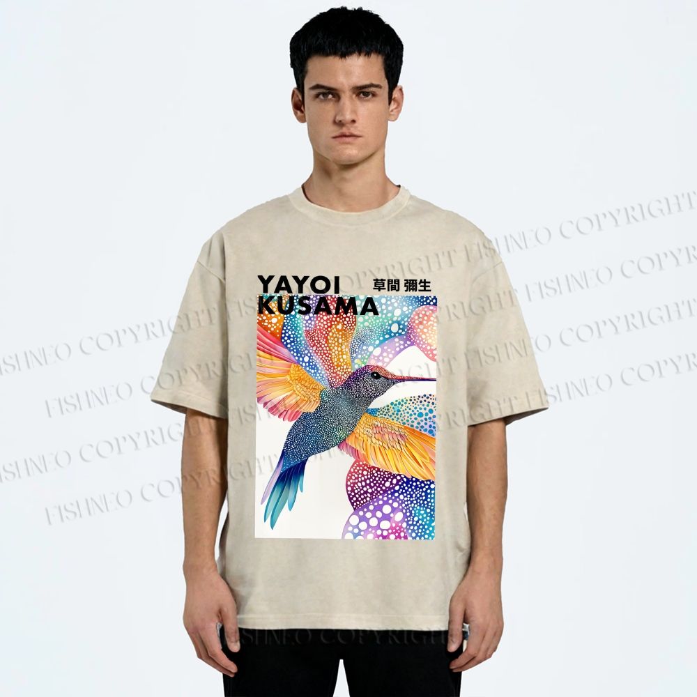 Unisex Yayoi Kusama Colorful Polka Dot Bird Printed Washed Tee