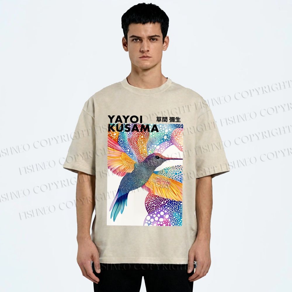 Unisex Yayoi Kusama Colorful Polka Dot Bird Printed Washed Tee