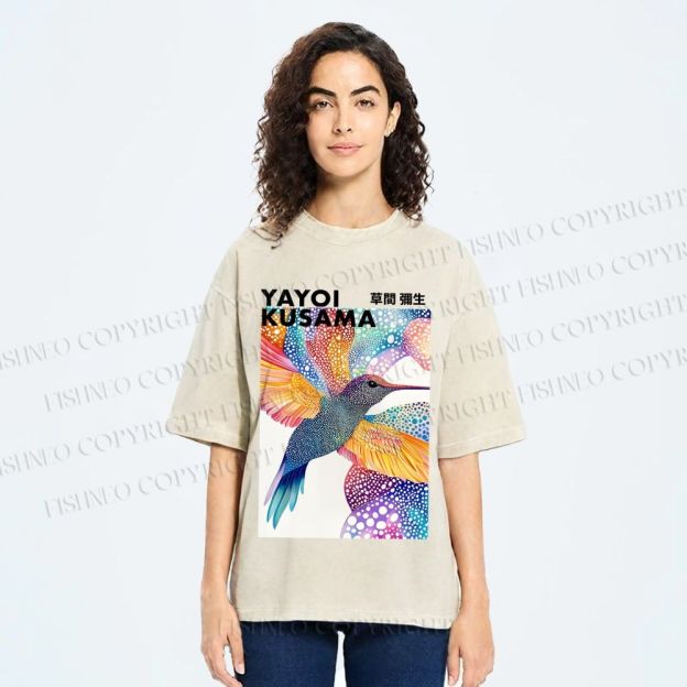 Unisex Yayoi Kusama Colorful Polka Dot Bird Printed Washed Tee