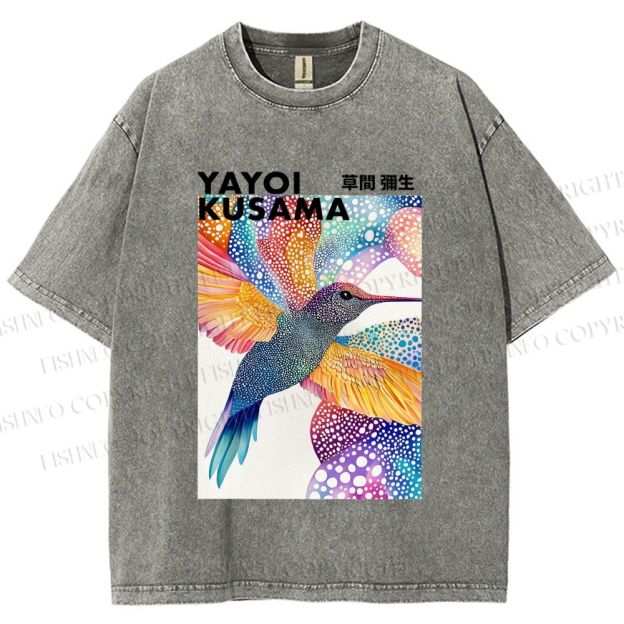 Unisex Yayoi Kusama Colorful Polka Dot Bird Printed Washed Tee