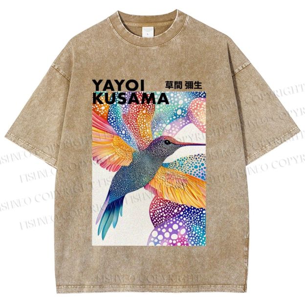 Unisex Yayoi Kusama Colorful Polka Dot Bird Printed Washed Tee