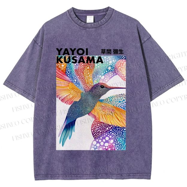 Unisex Yayoi Kusama Colorful Polka Dot Bird Printed Washed Tee