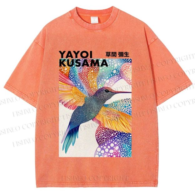 Unisex Yayoi Kusama Colorful Polka Dot Bird Printed Washed Tee