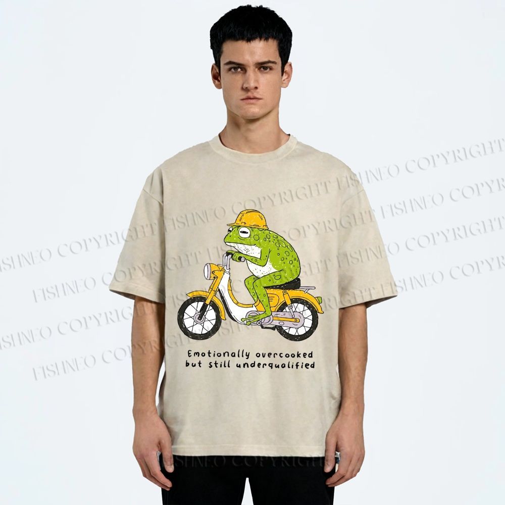Unisex Biker Frog Printed Washed Tee