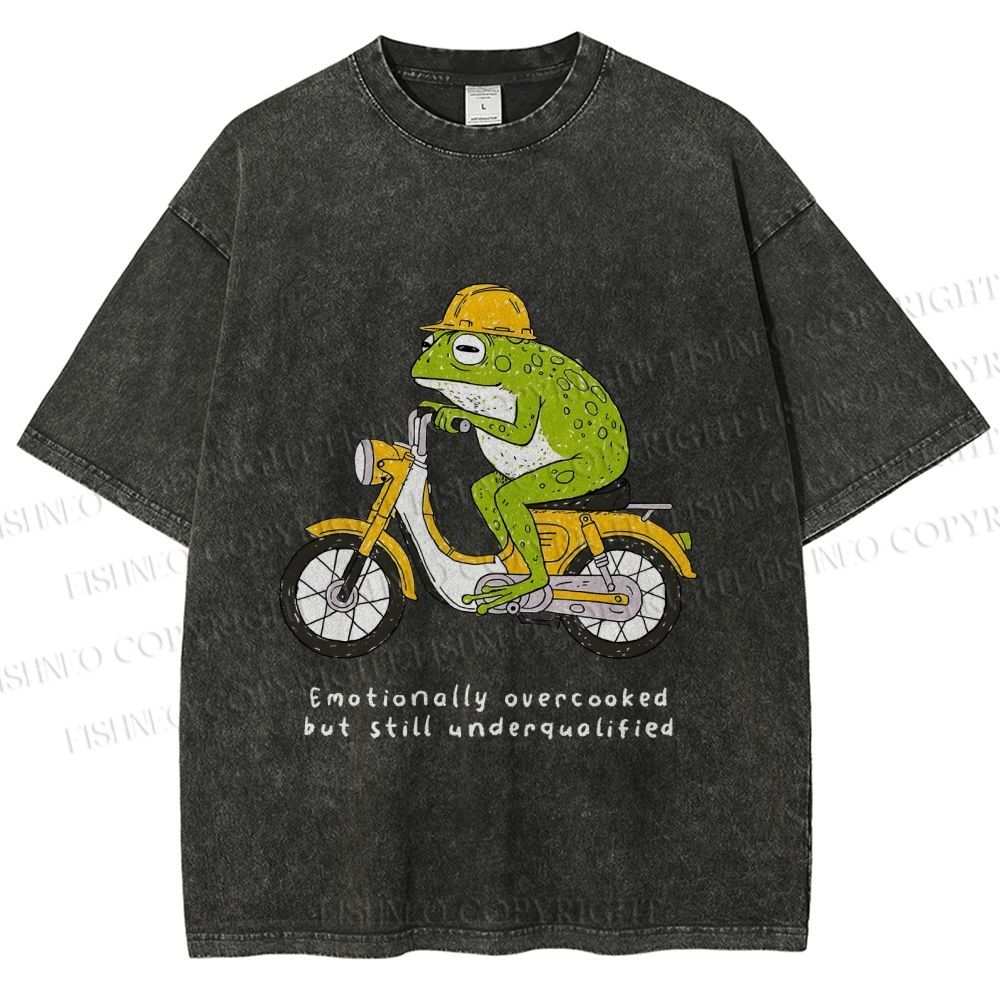 Unisex Biker Frog Printed Washed Tee