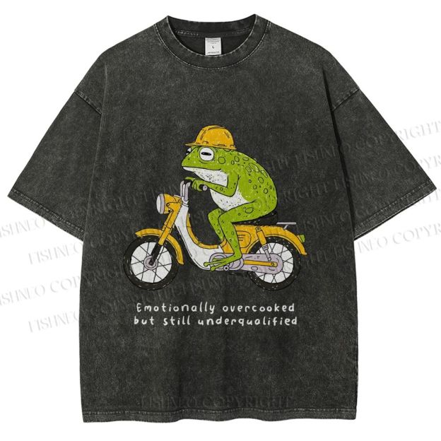 Unisex Biker Frog Printed Washed Tee