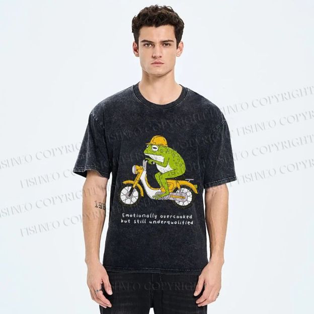 Unisex Biker Frog Printed Washed Tee