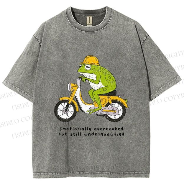 Unisex Biker Frog Printed Washed Tee