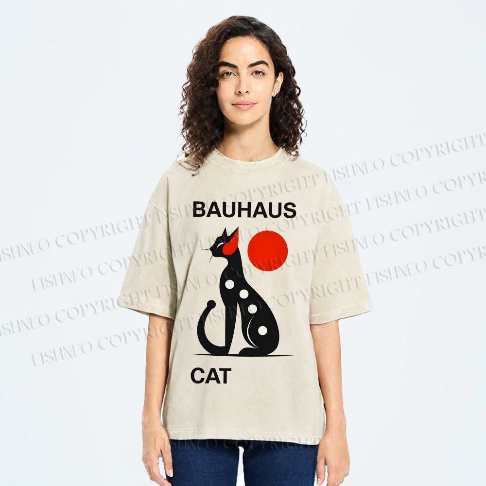 Unisex Bauhaus Cat Printed Washed Tee